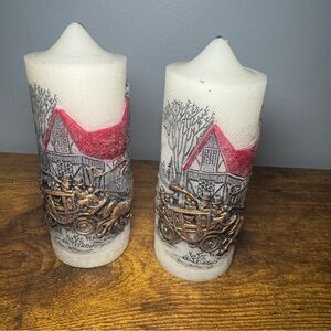 Holiday Elegance Handmade Vintage Christmas Pillar Candles Horse Carriage Pair